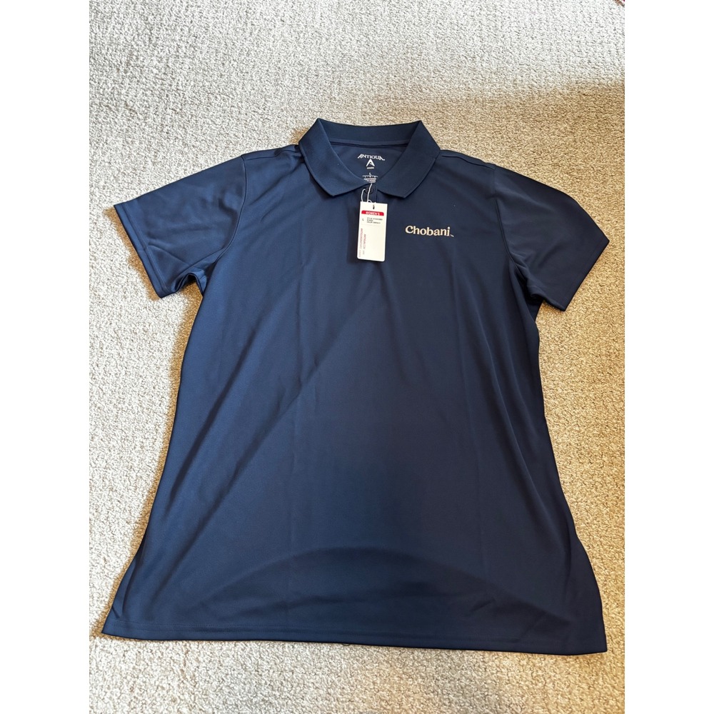 Antigua Polo Shirt Large Navy Chobani Logo Performance Golf Short Sleeve NWT